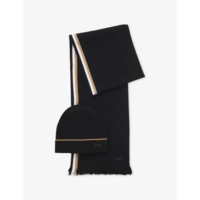 Hugo Boss Mens Black Branded Knitted Beanie Hat And Scarf Set In Black