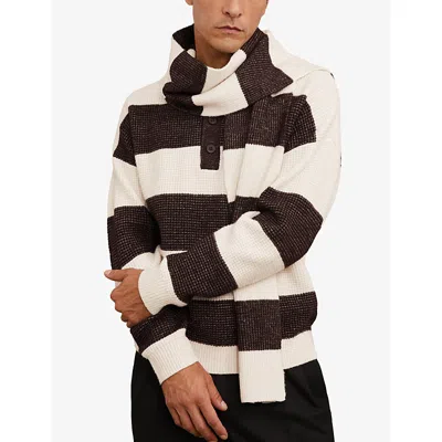 Reiss Mens Chocolate Brown Off Whit Wesley Striped Knitted Scarf In Black