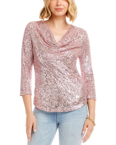 Karen Kane Three Quarter Sleeve Drape Front Sequin Top In Pink