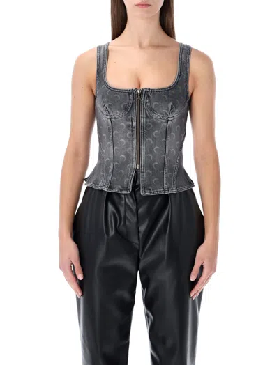 Marine Serre Moon Laser Grey Washed Denim Bustier Top In Gray