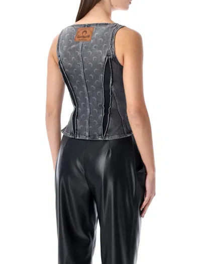 Marine Serre Moon Laser Grey Washed Denim Bustier Top In Gray