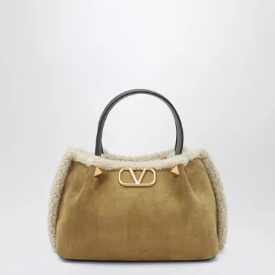 Valentino Small Suede Crossbody Bag With Shearling Trim In Neutral