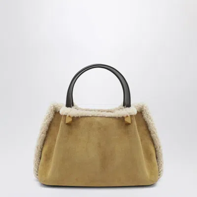 Valentino Small Suede Crossbody Bag With Shearling Trim In Neutral