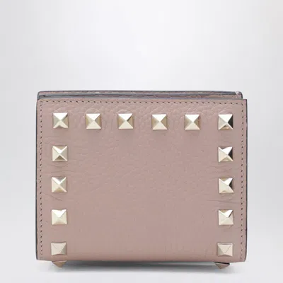 Valentino Rockstud Blush Pink Grained-leather Wallet In Brown