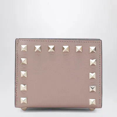 Valentino Rockstud Blush Pink Grained-leather Wallet In Brown