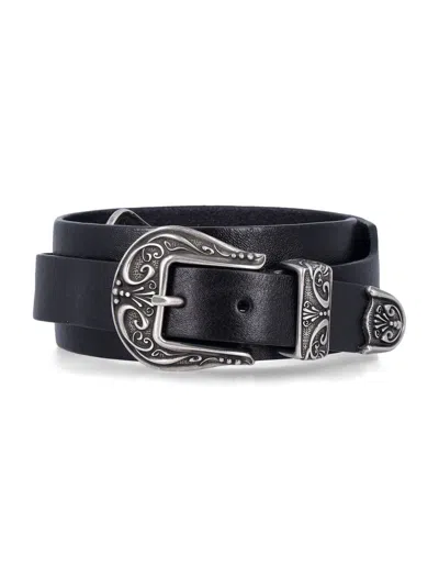 Golden Goose Black Washed Leather Belt With Silver Double Buckle In Black