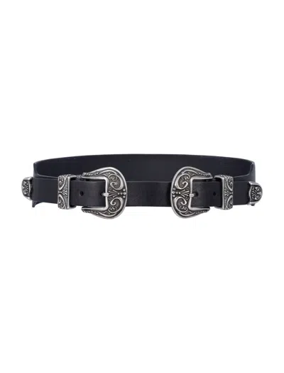 Golden Goose Black Washed Leather Belt With Silver Double Buckle In Black