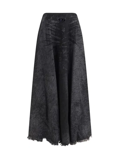 Diesel Full Skirt In Lasered Cotton-hemp Denim In Black