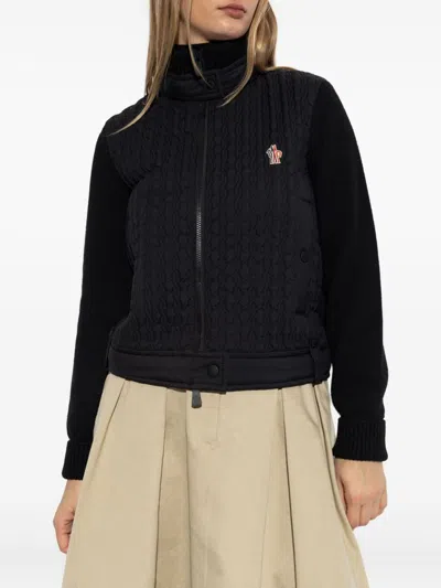 Moncler High Collar Knitted Jacket With Padded Front In Black