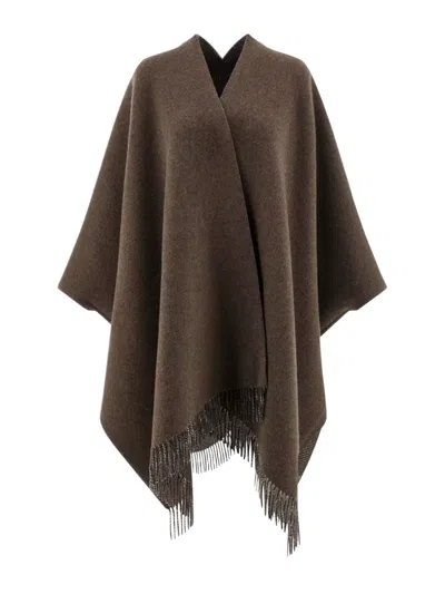 Brunello Cucinelli Women Wool Poncho With Bangs In Gray