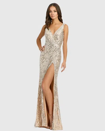 Mac Duggal Beige And Silver Sleeveless Diagonal Sequined V-neck Gown - Final Sale In Multi