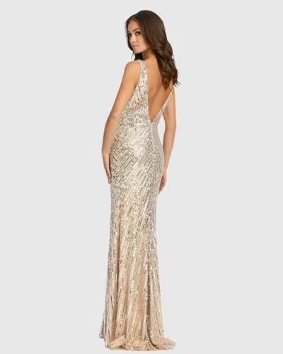 Mac Duggal Beige And Silver Sleeveless Diagonal Sequined V-neck Gown - Final Sale In Multi