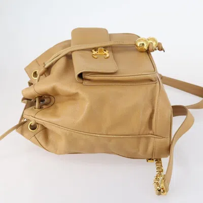 Pre-owned Chanel Cc Front Pocket Backpack Leather Beige Leather Backpack Bag () In Sand