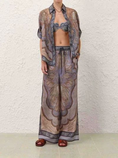 Zimmermann Wanderlust Paisley Relaxed Wide Leg Habutai Silk Drawstring Pants In Brown