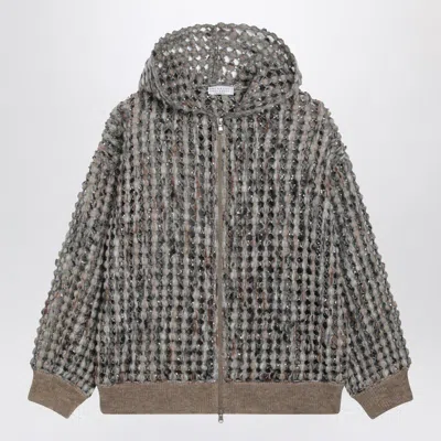 Brunello Cucinelli Camel Balloon Net Embroidery Cardigan In Brown
