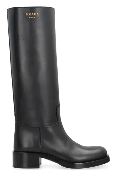 Prada Knee-high Leather Block Heel Boots In Black
