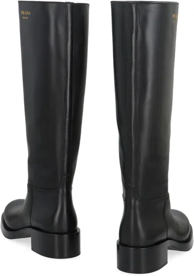 Prada Knee-high Leather Block Heel Boots In Black