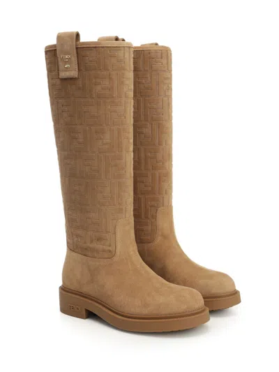 Fendi Cavallerizzo Boot Suede Ff Rubber Sole Boots Beige In Brown
