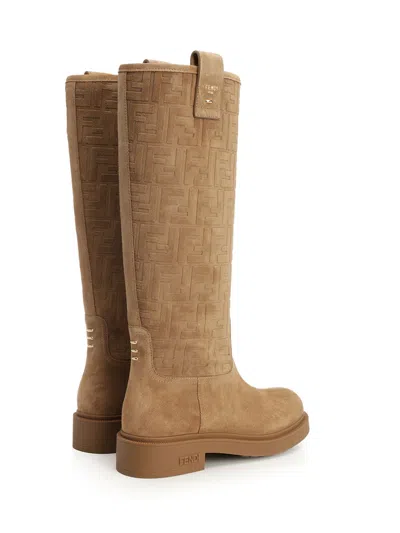 Fendi Cavallerizzo Boot Suede Ff Rubber Sole Boots Beige In Brown