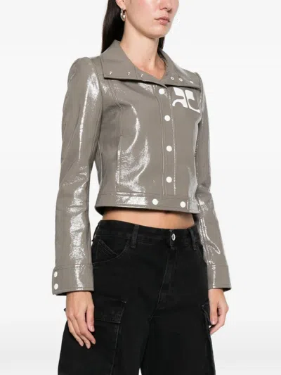 Courrèges Vinyl Jacket With Long Sleeves And Cropped Cut In Silver
