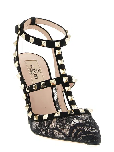 Valentino Rockstud 100 Lace And Suede Pumps In Black