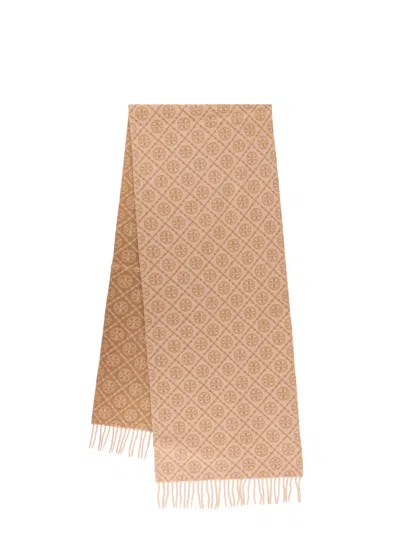 Tory Burch Wool And Cashmere T Monogram Oblong Scarf In Nude