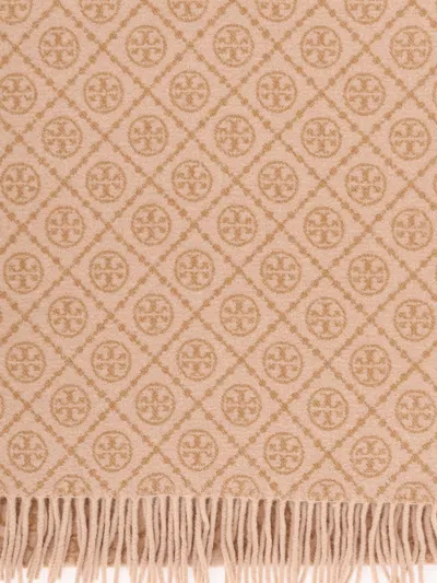 Tory Burch Wool And Cashmere T Monogram Oblong Scarf In Nude