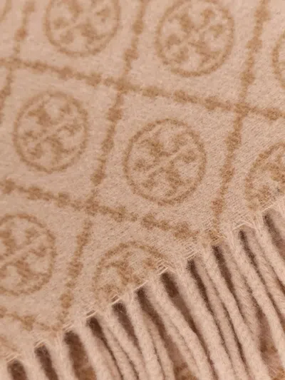 Tory Burch Wool And Cashmere T Monogram Oblong Scarf In Nude