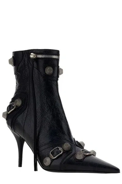 Balenciaga Womens Cagole Lambskin Buckle Zip Ankle Booties In Black