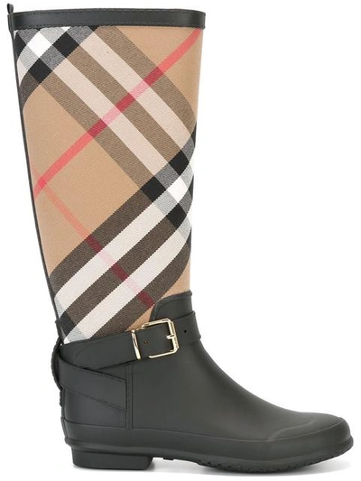 Shop Burberry Belt Detail Check And Rubber Rain Boots In Black