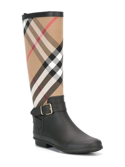 Shop Burberry Belt Detail Check And Rubber Rain Boots In Black