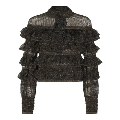 Zimmermann High Neck Long Sleeve Metallic Top In Black