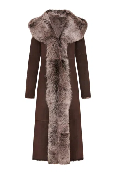 Infinity Leather Female Brown Silver Suede Toscana Sheepskin Hooded Trench Coat-rushden In Brown