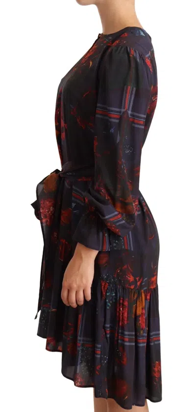 Pre-owned Ballantyne A-line Navy Blue Floral Silk Long Sleeve Knee Length Women's Dress ()