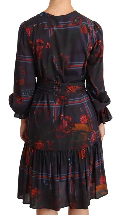 Pre-owned Ballantyne A-line Navy Blue Floral Silk Long Sleeve Knee Length Women's Dress ()
