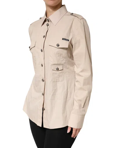 Dolce & Gabbana Beige Collared Long Sleeve Cotton Shirt Top In Brown