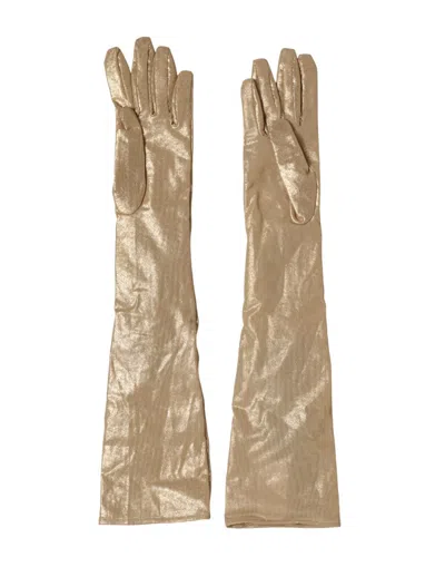 Dolce & Gabbana Beige Satin Crystal Elbow Length Mitten Women's Gloves In Sand