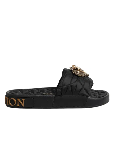Dolce & Gabbana Black Devotion Matelassé Leather Slides Women's Shoes In Black