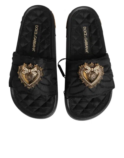 Dolce & Gabbana Black Devotion Matelassé Leather Slides Women's Shoes In Black