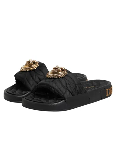 Dolce & Gabbana Black Devotion Matelassé Leather Slides Women's Shoes In Black