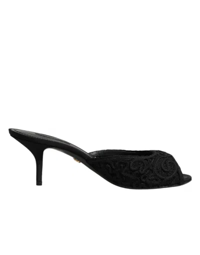 Dolce & Gabbana Black Embroidered Slip On Heels Slides Shoes In Black
