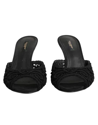 Dolce & Gabbana Black Embroidered Slip On Heels Slides Shoes In Black
