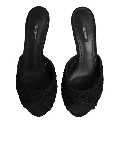 Dolce & Gabbana Black Embroidered Slip On Heels Slides Shoes In Black