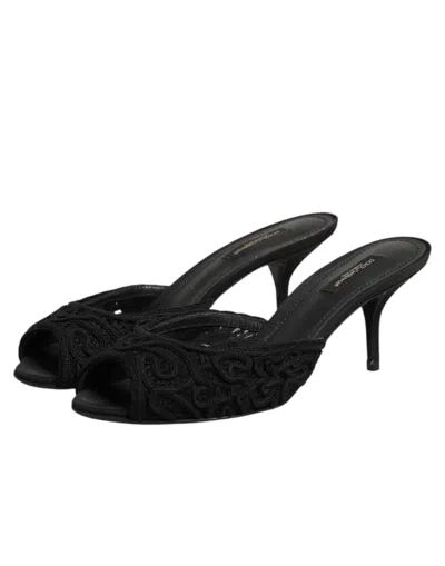 Dolce & Gabbana Black Embroidered Slip On Heels Slides Shoes In Black