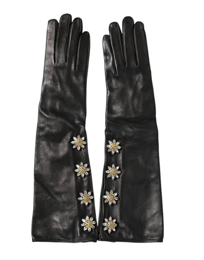 Dolce & Gabbana Black Leather Embellished Long Mitten Women's Gloves In Black