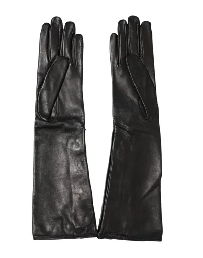 Dolce & Gabbana Black Leather Embellished Long Mitten Women's Gloves In Black