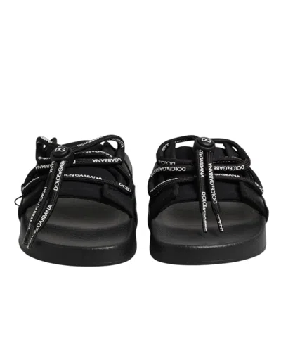 Dolce & Gabbana Black Logo Print Slides Beachwear Shoes In Black