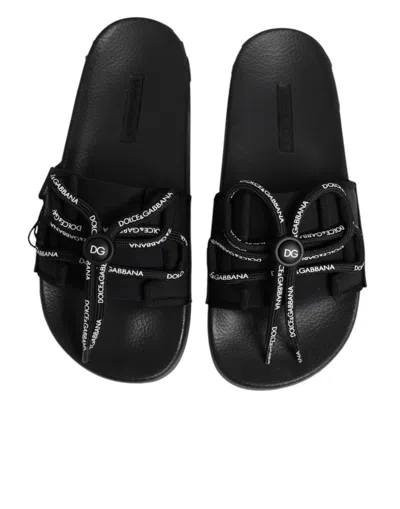 Dolce & Gabbana Black Logo Print Slides Beachwear Shoes In Black