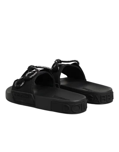 Dolce & Gabbana Black Logo Print Slides Beachwear Shoes In Black