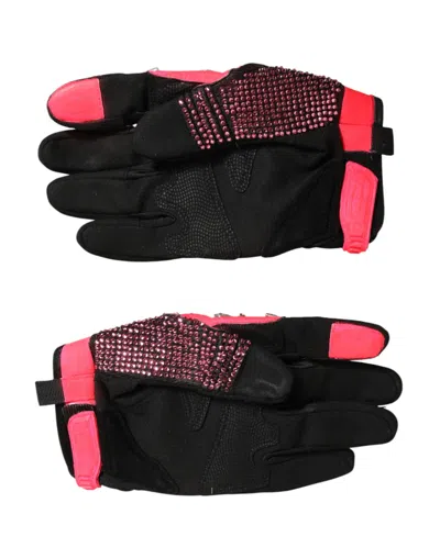 Pre-owned Dolce & Gabbana Black Pink Crystal Wrist Length Mitten Women's Gloves ()